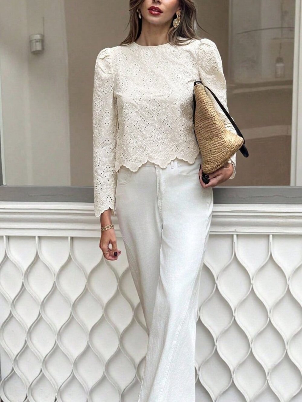 Apricot Casual Women's Hollow Embroidery Round Neck Long Sleeve Blouse top - Picture 4 of 6